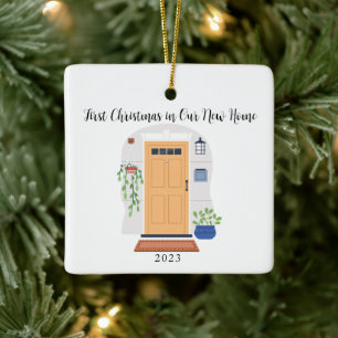 Ornamento De Cerâmica Porta de Aquarela Primeiro Natal em Nossa Nova Cas