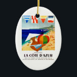 Ornamento De Cerâmica Poster de viagens 1957 do francês de Cote d'Azur<br><div class="desc">Um poster impressionante e brincalhão para o Cote d'Azur embebido sol por Jean (Jacques) Dubois que promove o turismo e o trem viaja à costa francesa.</div>