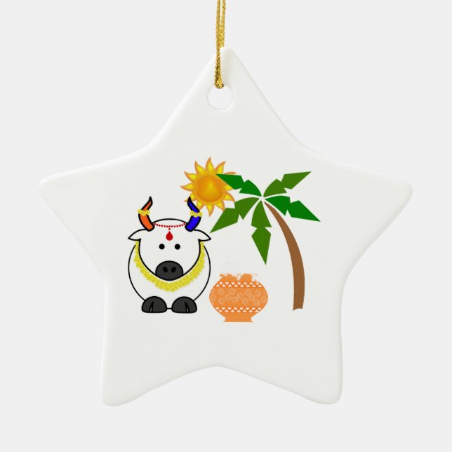 Ornamento De Cerâmica Pote, Vaca e Árvore Pongal (Frente)