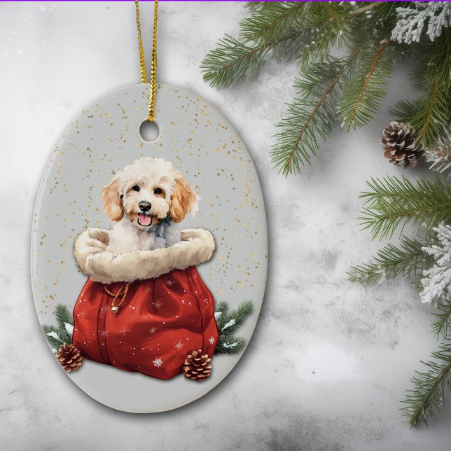 Ornamento De Cerâmica Póvulo Branco Puppy Natal Gift Bag (Criador carregado)