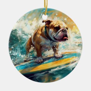 Ornamento De Cerâmica Praia de Bulldog Surfando Pintura