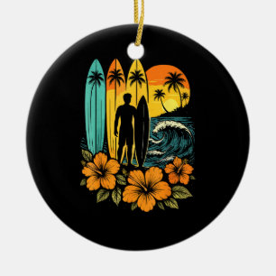 Ornamento De Cerâmica Praia de Surf Retrô Pôr do Sol Tropical