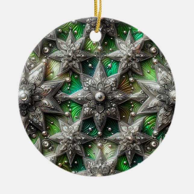 Ornamento De Cerâmica Prata de NATAL Estrela Verde 3D ~ (Frente)