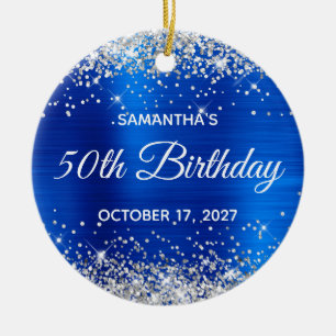 Ornamento De Cerâmica Prata Glitter Azul Real Folha 50º Aniversário