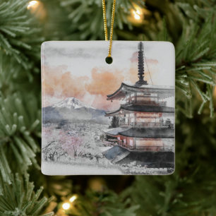Ornamento De Cerâmica Pratos de Papel Pagode Japonesa e Mt. Fuji Aquarel