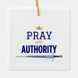 Ornamento De Cerâmica Pray with Authority - Blue Square, 