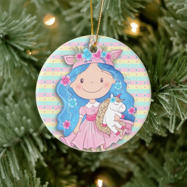 Ornamento De Cerâmica Precioso Girl Cutie com Unicorn no Natal (Árvore)