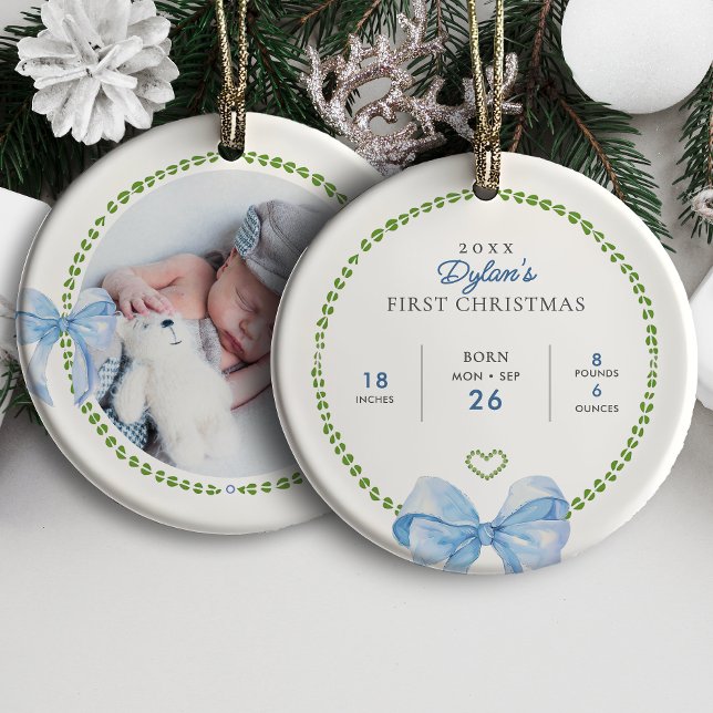 Ornamento De Cerâmica Preppy Blue Bows Baby's First Christmas Photo (Criador carregado)