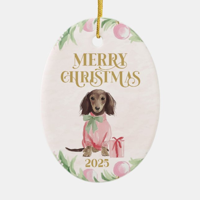 Ornamento De Cerâmica Preppy Pink Dachshund Christmas Ornament (Frente)