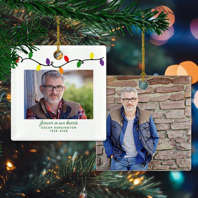 Ornamento De Cerâmica Presente de foto memorial para sempre em nossos co (Forever in Our Hearts Memorial Keepsake Photo Ceramic Ornament)