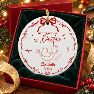 Ornamento De Cerâmica Presente de Natal de Médico Minimalista Vermelho N