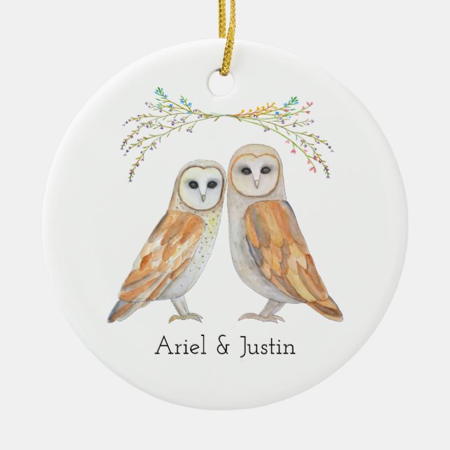 Ornamento De Cerâmica Presente de Natal do Casal do Barn Owl Elegante (Frente)
