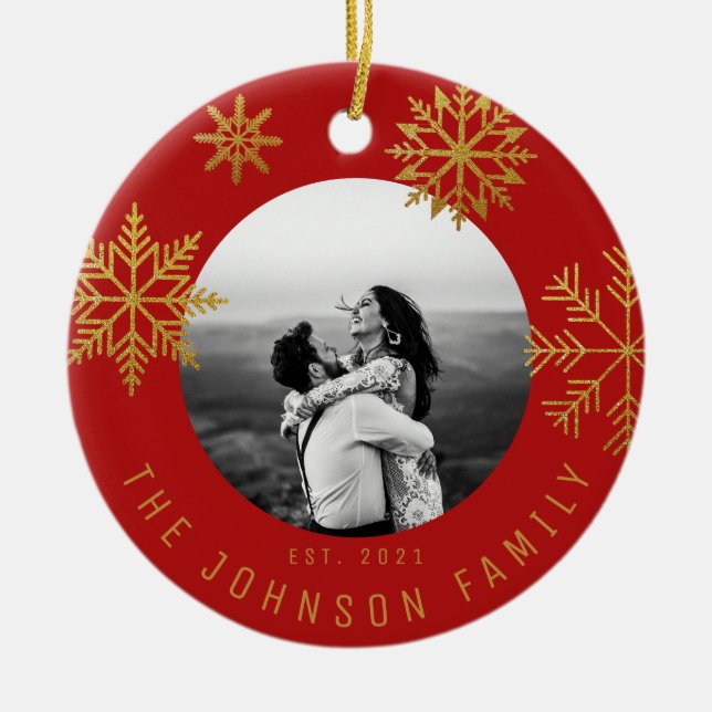 Ornamento De Cerâmica Presente de Natal Dourado vermelho para os recém-c (Frente)