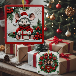 Ornamento De Cerâmica Presente de Natal e Rato Personalizável