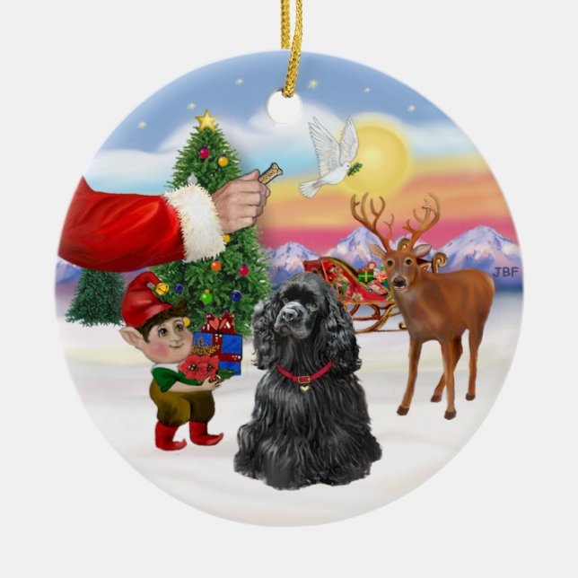 Ornamento De Cerâmica Presente de Papai Noel - Cocker Spaniel Preto (Frente)