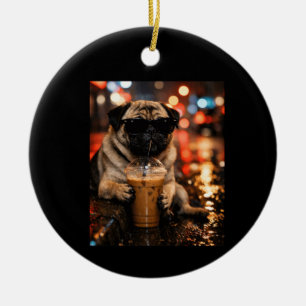 Ornamento De Cerâmica Presente Engraçado para Amante de Pug Bebendo Café