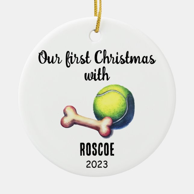Ornamento De Cerâmica Presente no primeiro Natal de Feriado de Cachorro (Frente)