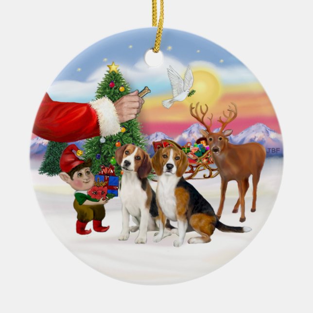 Ornamento De Cerâmica Presente para Dois Beagles (Frente)