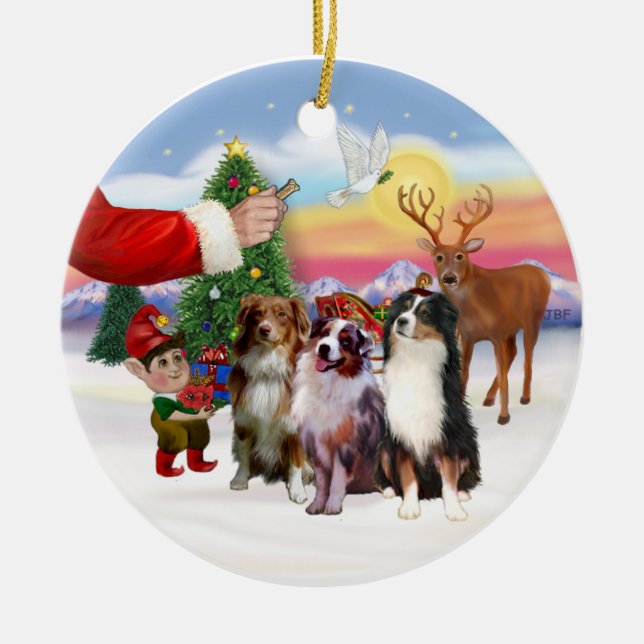 Ornamento De Cerâmica Presente para Três Australian Shepherds (Frente)