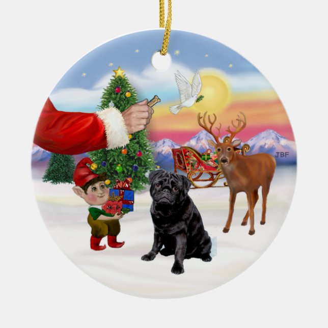 Ornamento De Cerâmica Presente para um Pug Preto (Frente)