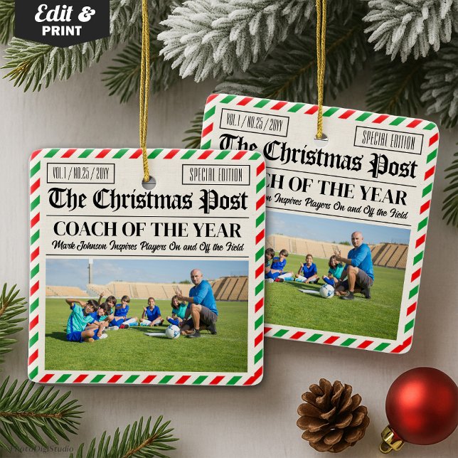 Ornamento De Cerâmica Presente Personalizado de Natal para Treinador de  (Custom Christmas Coach Gift Sports Newspaper Coach Ceramic Ornament)