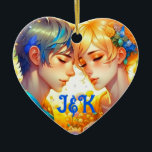 Ornamento De Cerâmica Presente Romântico de Casal | Animes personalizado<br><div class="desc">Enfeites de natal personalizado. Garoto anime garota abraçando a arte ai. Anime anime tenha um dom romântico. Adicione iniciais na área de personalização.</div>