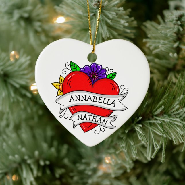 Ornamento De Cerâmica Presente Romântico de Casal | Tatuagem Estilo Arte (Árvore)