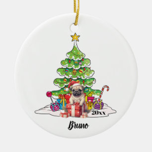 Ornamento De Cerâmica Presentes de Árvore de Natal Pug Santa Hat