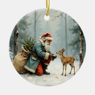 Ornamento De Cerâmica Presépio de Papai Noel Alimentando Veados Natalino