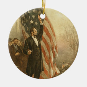 Ornamento De Cerâmica Presidente Abraham Lincoln Sob Bandeira Americana