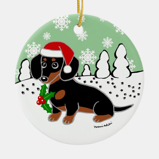 Ornamento De Cerâmica Preto e papai noel bonito dos olhos do Dachshund (Frente)