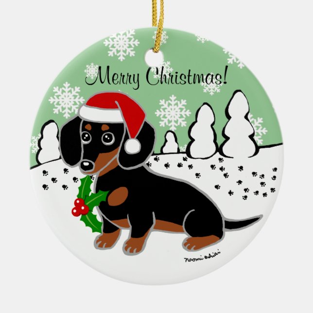 Ornamento De Cerâmica Preto e papai noel bonito dos olhos do Dachshund (Frente)