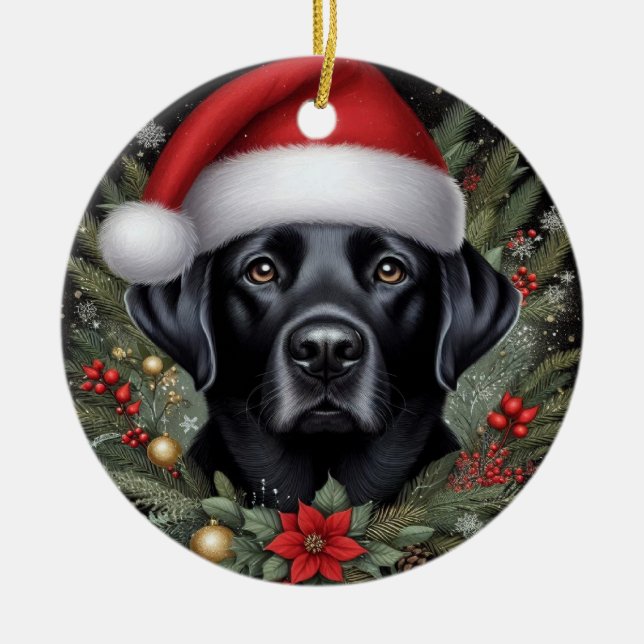 Ornamento De Cerâmica Preto Festivo Labrador Vestindo Santa Hat (Frente)