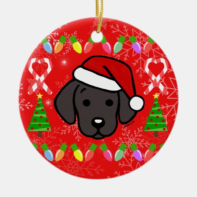 Ornamento De Cerâmica Preto Labrador Puppy Padrão de Natal (Frente)