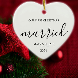 Ornamento De Cerâmica Preto Minimalista e Branco Primeiro Natal Casado