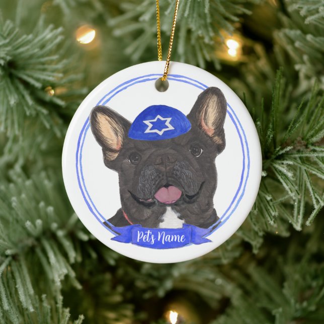 Ornamento De Cerâmica Preto Personalizado Brindle Frenchie Hanukkah (Árvore)
