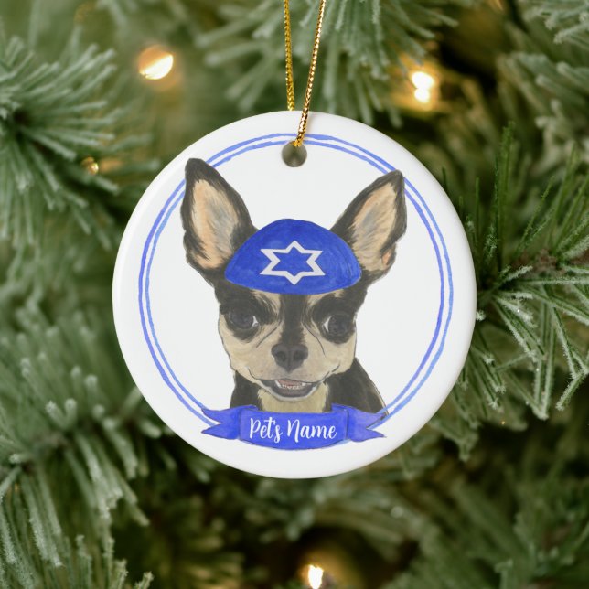 Ornamento De Cerâmica Preto Personalizado e Tan Chihuahua Yarmulke (Árvore)