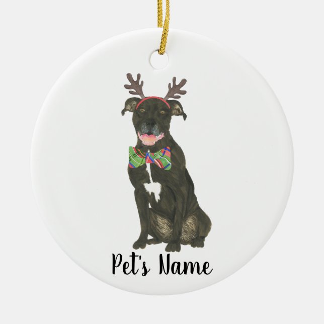 Ornamento De Cerâmica Preto Personalizado Pitbull Staffy Antlers Bowtie (Frente)