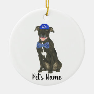 Ornamento De Cerâmica Preto Personalizado Pitbull Staffy Yarmulke Tie