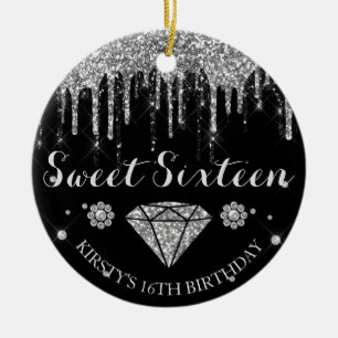 Ornamento De Cerâmica Preto Prata Brilho Gota Diamante Sweet Sixteen