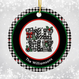 Ornamento De Cerâmica Preto Vermelho Verde Xadrez Família Moderno Natal