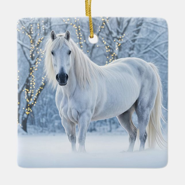 Ornamento De Cerâmica Pretty Christmas White Horse Snow Lights (Frente)