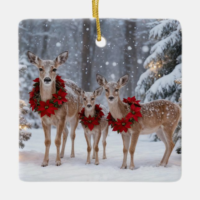 Ornamento De Cerâmica Pretty Deer Family Wreath Tree (Frente)