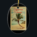 Ornamento De Cerâmica Primavera Altamonte  Palm Tree Viagens vintage<br><div class="desc">Um impressão moderno do século médio de Altamonte Primavera na Flórida no estilo viagens vintage. Ele apresenta uma palmeira curva na praia arenosa com oceano sob um céu azul nublado.</div>