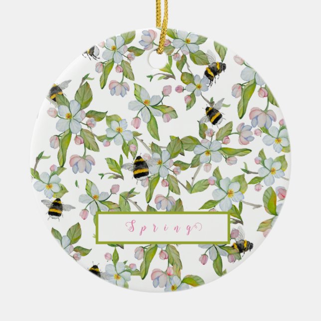 Ornamento De Cerâmica Primavera jardim florescente e mamangabas (Frente)