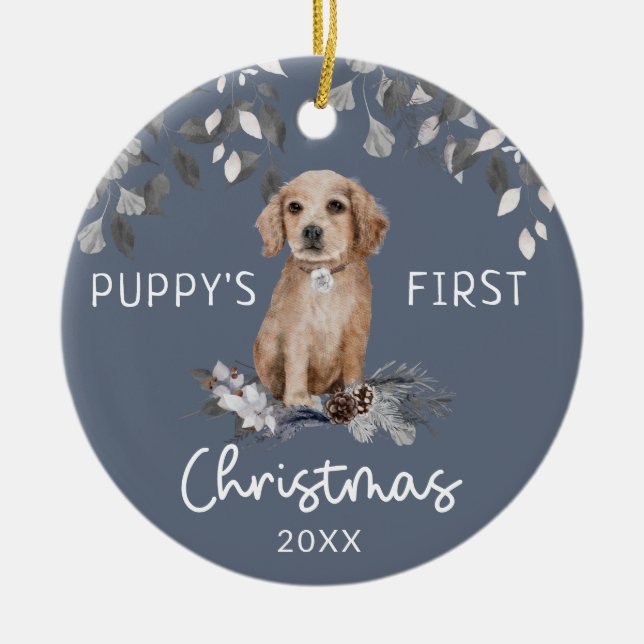 Ornamento De Cerâmica Primeira Aquarela de Natal de Puppy (Frente)