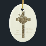 Ornamento De Cerâmica Primeira cruz do comunhão santamente com pomba e<br><div class="desc">Primeiro comunhão santamente ou sua cruz Dourado do olhar do evento religioso com pomba e ornamento do coração,  você pode mudar todo o texto</div>
