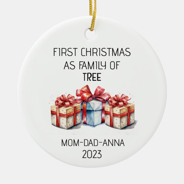 Ornamento De Cerâmica Primeira família de Natal de presentes em árvores (Frente)