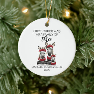 Ornamento De Cerâmica Primeira Família de Zebras de Natal de Três