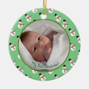 Ornamento De Cerâmica Primeira foto de bebê de Natal com boneco de neve